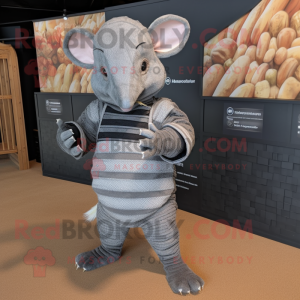 Gray Armadillo mascot costume character dressed with a Romper and Foot pads