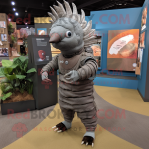 Gray Armadillo mascot costume character dressed with a Romper and Foot pads