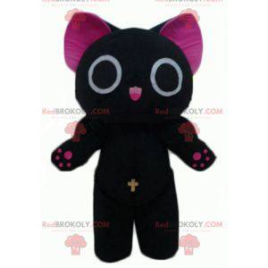 Funny and original big black and pink cat mascot -