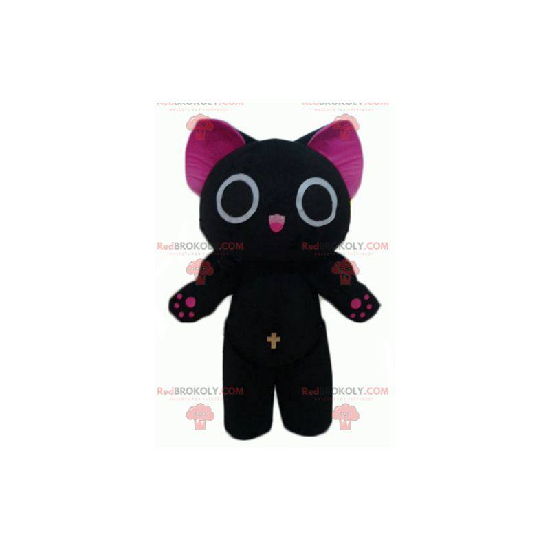 Sjov og original stor sort og lyserød kattemaskot -