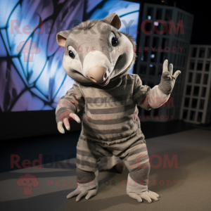 Gray Armadillo mascot costume character dressed with a Romper and Foot pads