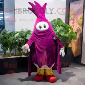 Magenta Turnip mascot costume character dressed with a Cover-up and Brooches
