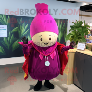 Magenta Turnip mascot costume character dressed with a Cover-up and Brooches