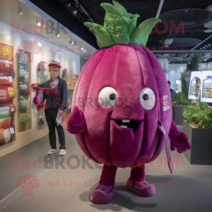 Magenta Turnip mascot costume character dressed with a Cover-up and Brooches