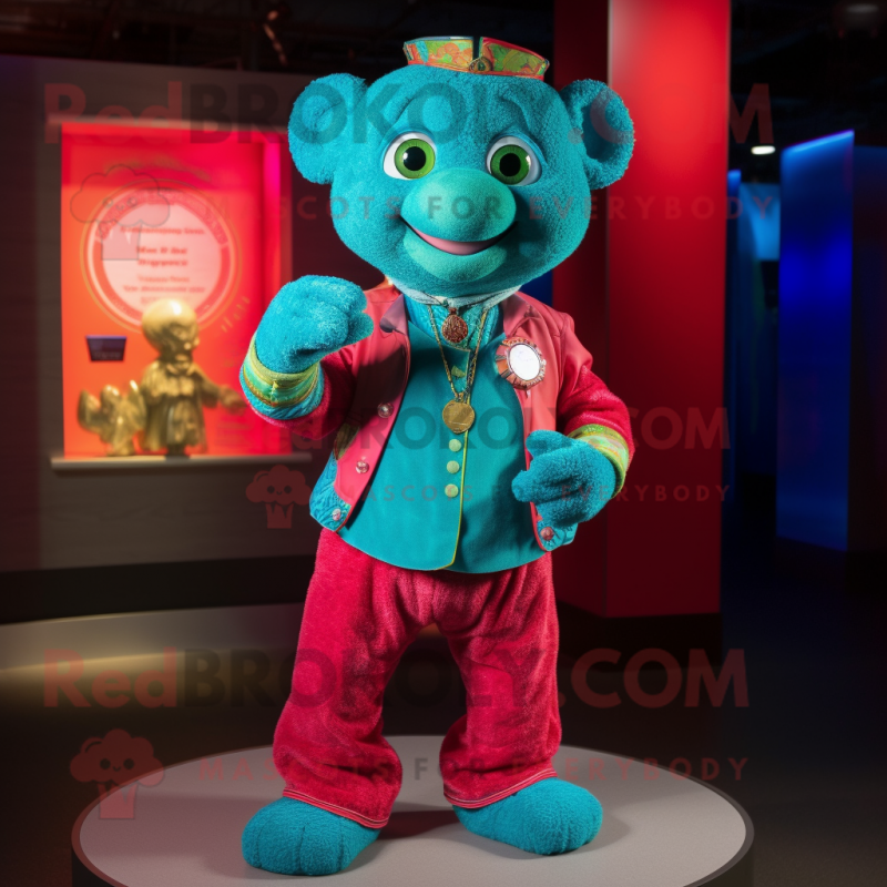 Turquoise Raspberry mascot costume character dressed with a Vest and Coin purses Turquoise Raspberry mascot costume character dressed with a Vest and Coin purses