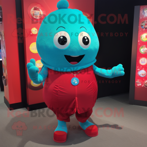 Turquoise Raspberry mascot costume character dressed with a Vest and Coin purses