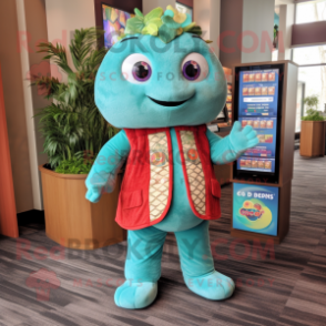 Turquoise Raspberry mascot costume character dressed with a Vest and Coin purses