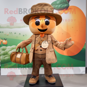Brown Apricot mascot costume character dressed with a Coat and Suspenders