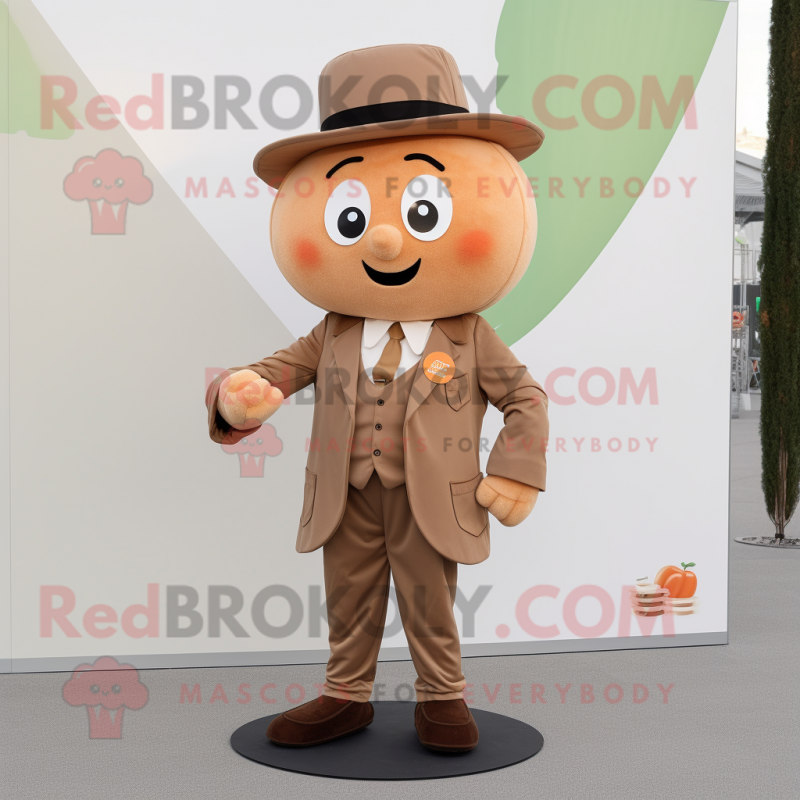 Brown Apricot mascot costume character dressed with a Coat and Suspenders