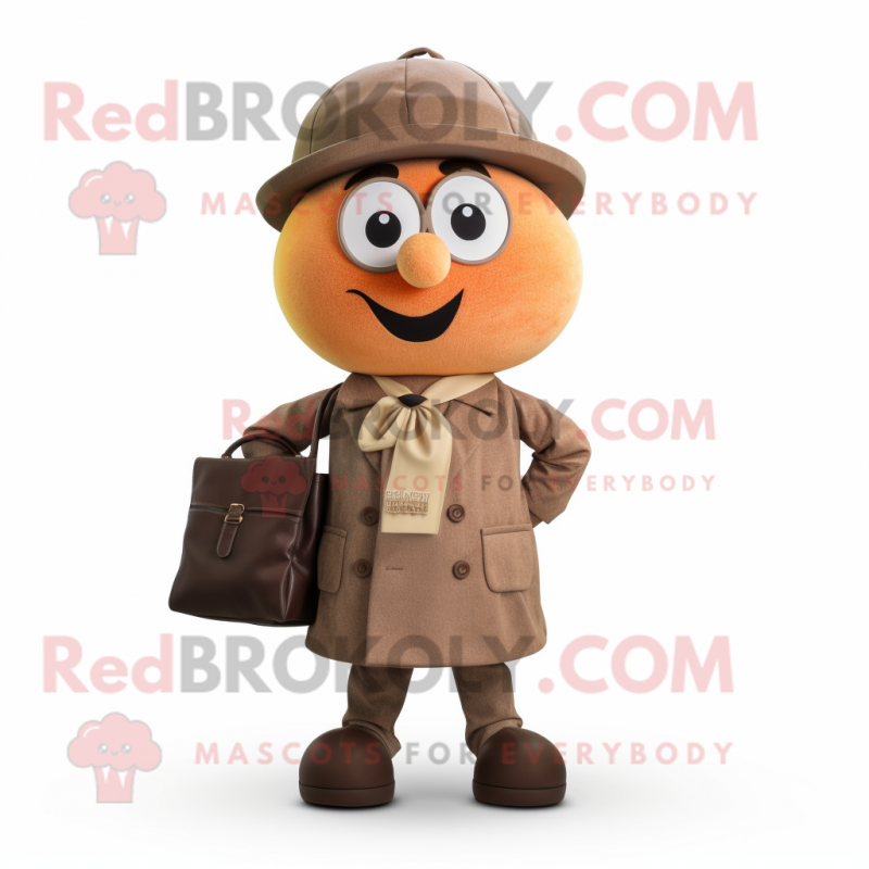 Brown Apricot mascot costume character dressed with a Coat and Suspenders