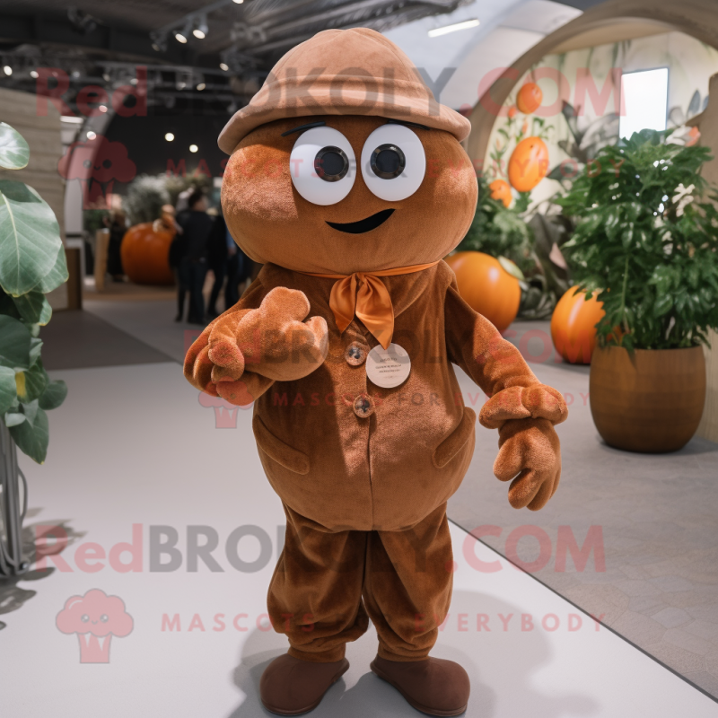 Brown Apricot mascot costume character dressed with a Coat and Suspenders