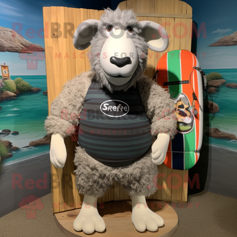 Gray Suffolk Sheep mascot costume character dressed with a Board Shorts and Scarves