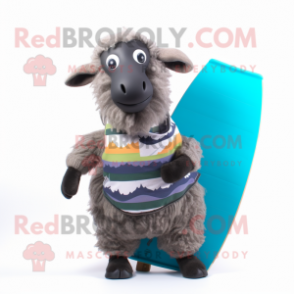 Gray Suffolk Sheep mascot costume character dressed with a Board Shorts and Scarves