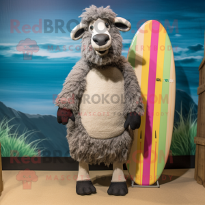 Gray Suffolk Sheep mascot costume character dressed with a Board Shorts and Scarves