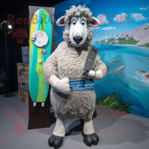 Gray Suffolk Sheep mascot costume character dressed with a Board Shorts and Scarves