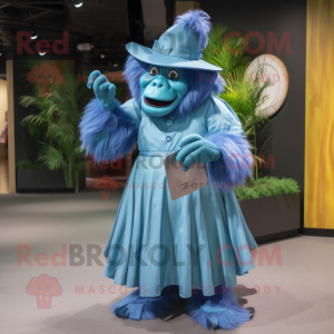 Blue Orangutan mascot costume character dressed with a Pleated Skirt and Hats