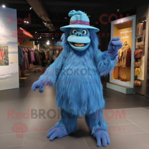 Blue Orangutan mascot costume character dressed with a Pleated Skirt and Hats