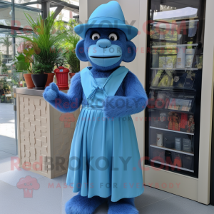 Blue Orangutan mascot costume character dressed with a Pleated Skirt and Hats