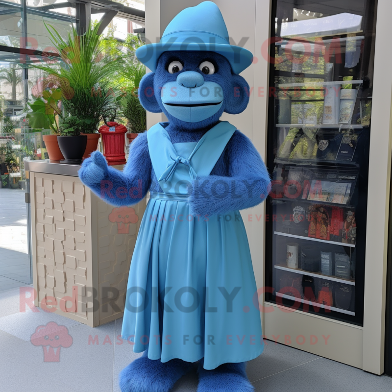 Blue Orangutan mascot costume character dressed with a Pleated Skirt and Hats Blue Orangutan mascot costume character dressed with a Pleated Skirt and Hats