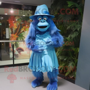 Blue Orangutan mascot costume character dressed with a Pleated Skirt and Hats