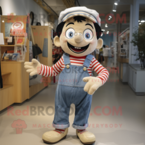 Tan Mime mascot costume character dressed with a Denim Shorts and Mittens