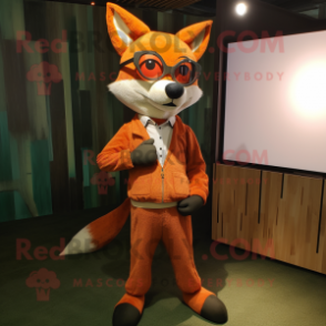 Rust Fox mascot costume character dressed with a Capri Pants and Eyeglasses