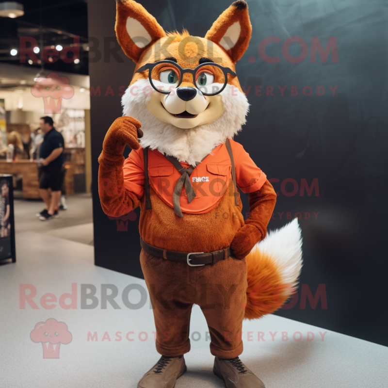 Rust Fox mascot costume character dressed with a Capri Pants and Eyeglasses