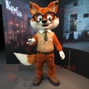 Rust Fox mascot costume character dressed with a Capri Pants and Eyeglasses
