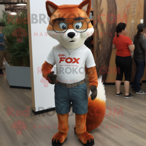 Rust Fox mascot costume character dressed with a Capri Pants and Eyeglasses