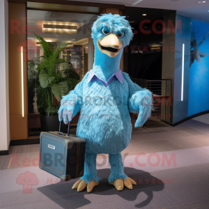 Cyan Ostrich mascot costume character dressed with a Jumpsuit and Briefcases