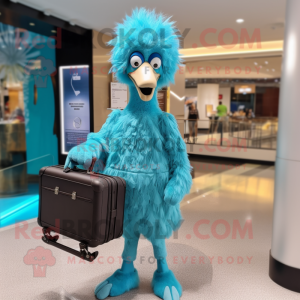 Cyan Ostrich mascot costume character dressed with a Jumpsuit and Briefcases