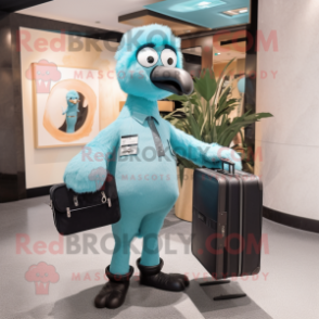 Cyan Ostrich mascot costume character dressed with a Jumpsuit and Briefcases