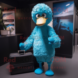 Cyan Ostrich mascot costume character dressed with a Jumpsuit and Briefcases