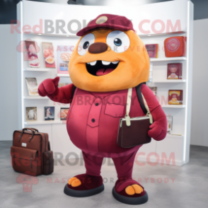 Maroon Apricot mascot costume character dressed with a Chinos and Wallets