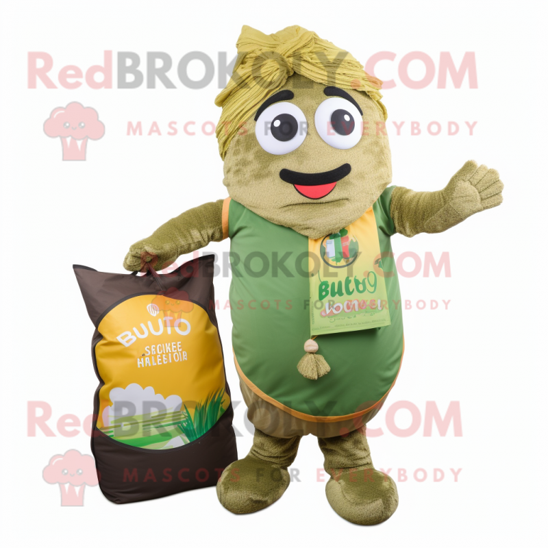 Olive Biryani mascot costume character dressed with a Romper and Handbags Olive Biryani mascot costume character dressed with a Romper and Handbags