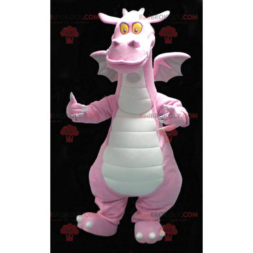 Mascotte de dragon rose et blanc mignon et souriant - Mascotte de dragon rose et blanc mignon et souriant -
