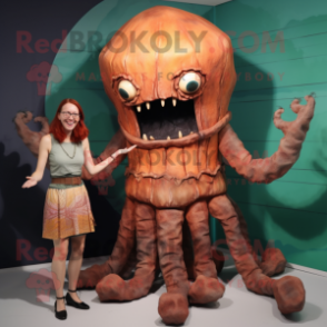 Rust Kraken mascot costume character dressed with a Pencil Skirt and Cummerbunds