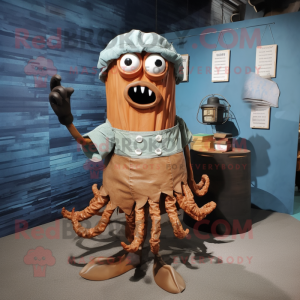 Rust Kraken mascot costume character dressed with a Pencil Skirt and Cummerbunds
