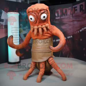 Rust Kraken mascot costume character dressed with a Pencil Skirt and Cummerbunds