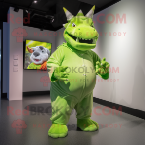 Lime Green Rhinoceros mascot costume character dressed with a Jumpsuit and Hat pins