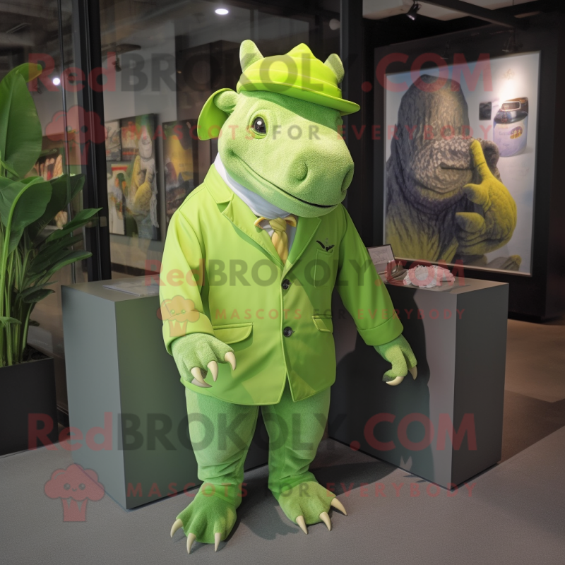 Lime Green Rhinoceros mascot costume character dressed with a Jumpsuit and Hat pins