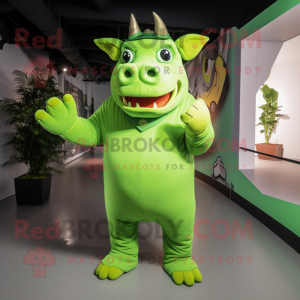 Lime Green Rhinoceros mascot costume character dressed with a Jumpsuit and Hat pins