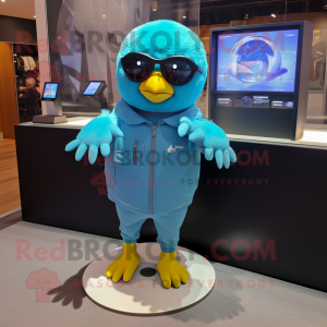 Sky Blue Canary mascot costume character dressed with a Shorts and Smartwatches