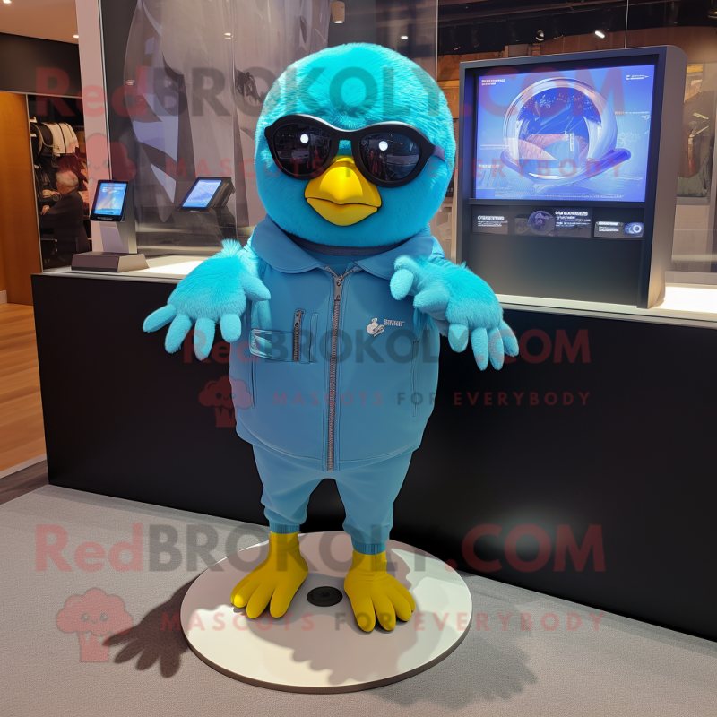 Sky Blue Canary mascot costume character dressed with a Shorts and Smartwatches Sky Blue Canary mascot costume character dressed with a Shorts and Smartwatches