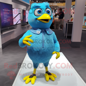 Sky Blue Canary mascot costume character dressed with a Shorts and Smartwatches