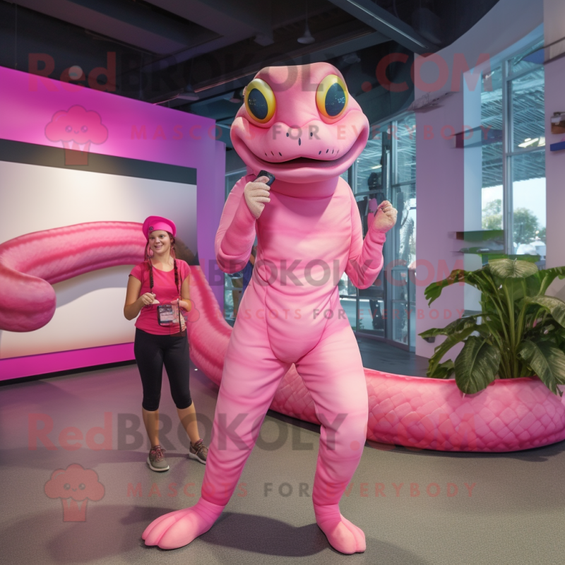 Pink Anaconda mascot costume character dressed with a Romper and Hairpins Pink Anaconda mascot costume character dressed with a Romper and Hairpins
