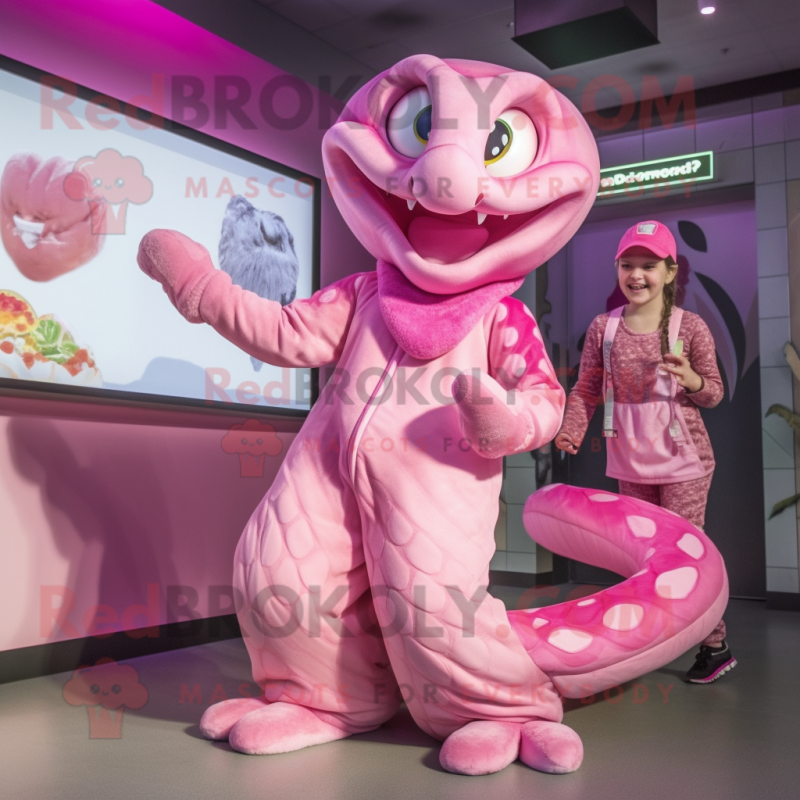 Pink Anaconda mascot costume character dressed with a Romper and Hairpins Pink Anaconda mascot costume character dressed with a Romper and Hairpins