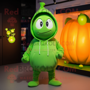 Lime Green Pumpkin mascot costume character dressed with a Hoodie and Beanies