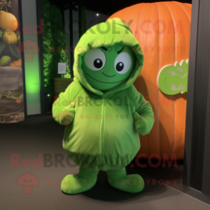 Lime Green Pumpkin mascot costume character dressed with a Hoodie and Beanies