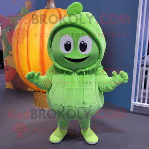 Lime Green Pumpkin mascot costume character dressed with a Hoodie and Beanies